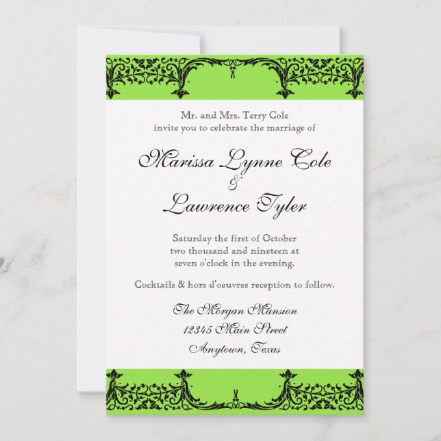 Black n White Fleur de Lis Damask Wedding Invitation (Front)