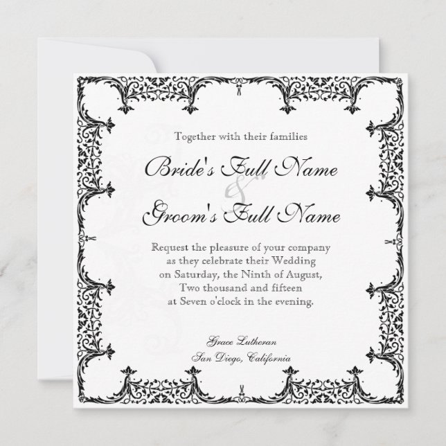 Black n White Fleur de Lis Damask Wedding Invitation (Front)