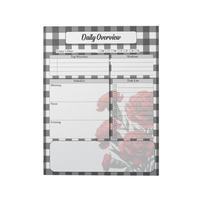Black n White Floral Gingham _ Daily Overview Notepad (Rotated)
