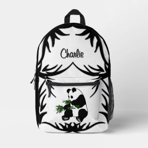 Black N White Giant Panda Eats Bamboo Name   Printed Backpack