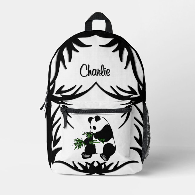 Black N White Giant Panda Eats Bamboo Name   Printed Backpack (Front)
