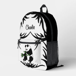 Black N White Giant Panda Eats Bamboo Name Printed Backpack