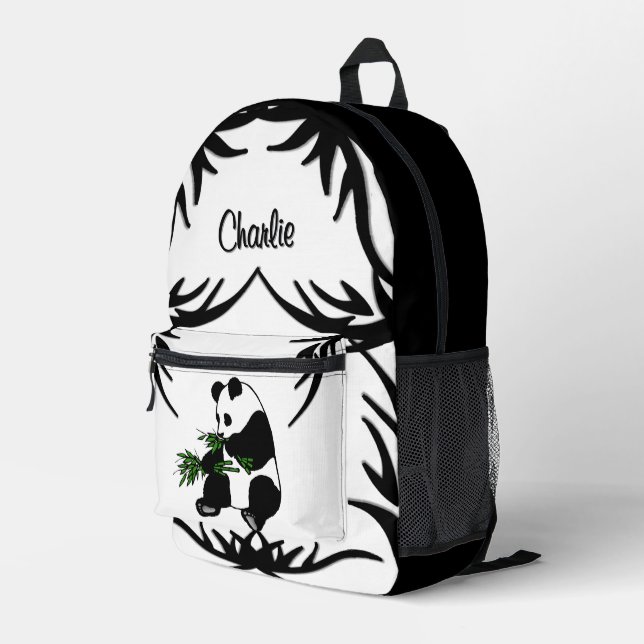 Black N White Giant Panda Eats Bamboo Name   Printed Backpack (Back Corner Right)