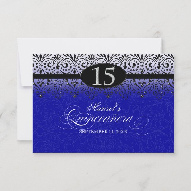 Black n White Lace Look Silver 15th Quinceanera Invitation (Front)