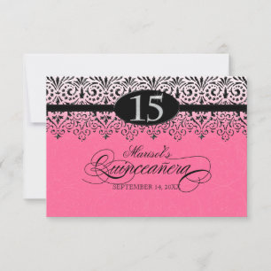 Black n White Lace Look Silver 15th Quinceanera RSVP Card