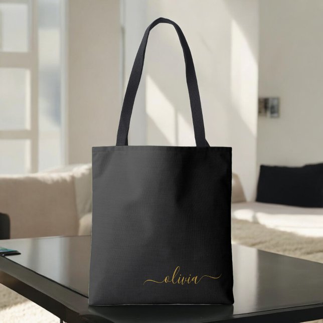 Black Name Gold Girly Script Monogram Modern Tote Bag (Creator Uploaded)