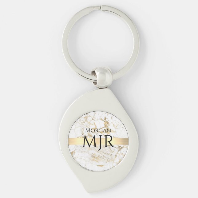 Black Name Large Monogram, White & Gold Marble Key Ring (Front)
