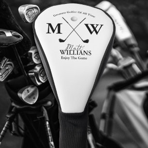 Black name monogram on white golf head cover