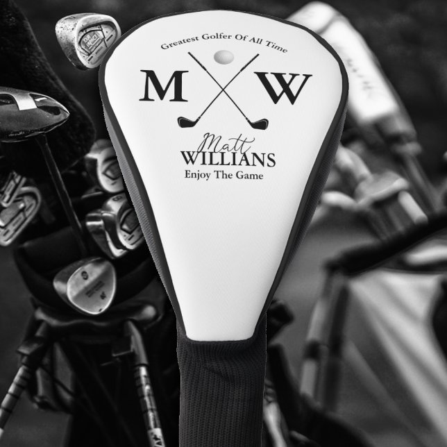 Black name monogram on white golf head cover (Creator Uploaded)