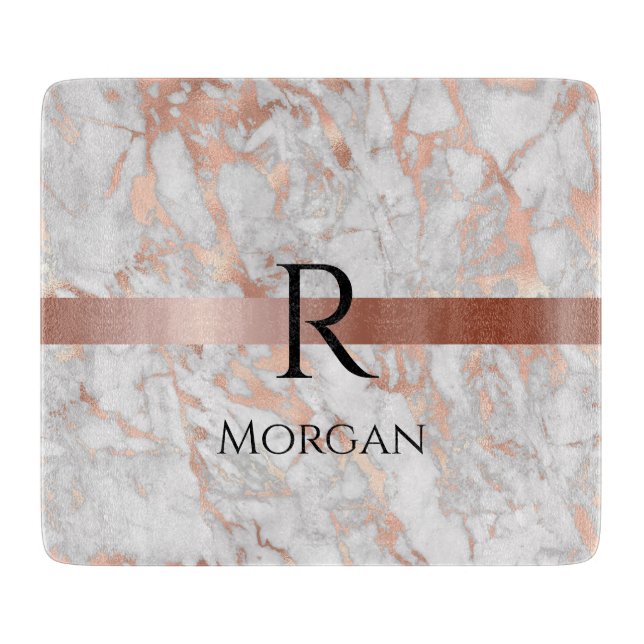 Black Name & Monogram, White & Rose Gold Marble Cutting Board (Front)