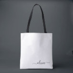 Black Name White Girly Script Monogram Modern Tote Bag<br><div class="desc">Black and White Elegant Add Your Own Name Monogram Book Bag. This Book Bag can be customised to include your initial and first name and given as a gift for Christmas,  Sweet 16 Birthday,  Bridal Shower or a Wedding.</div>