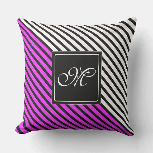 Black Narrow Stripes + your back-colour & monogram Outdoor Cushion (Front)