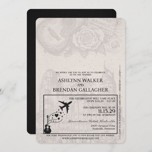 Black Nashville Passport Wedding Invitation (Front/Back)
