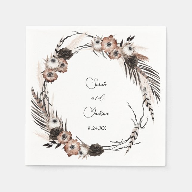 Black & Natural Floral Boho Name Napkin (Front)