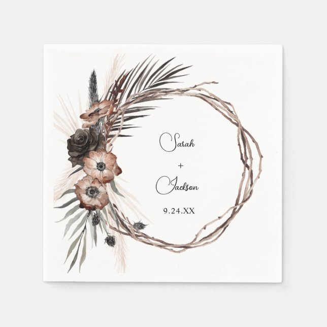 Black & Natural Floral Boho Rustic Name V2 Napkin (Front)
