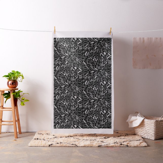 Black Nature Inspired Ferns and Leaves Pattern Fabric (In Situ)
