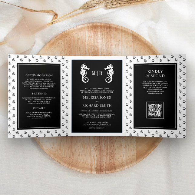 Black Nautical Anchor Seahorse QR Code Wedding Tri-Fold Invitation (Creator Uploaded)