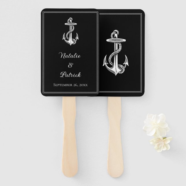 Black Nautical Anchor Wedding Hand Fans (Front and Back)