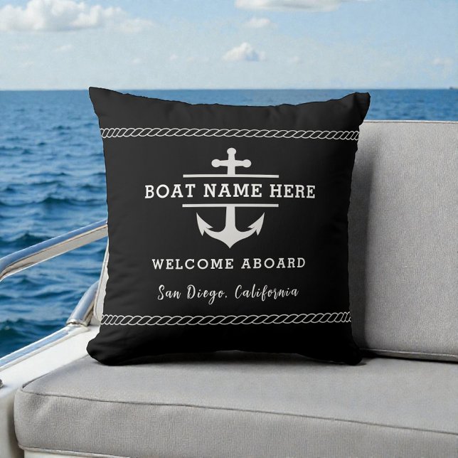 Black Nautical Boat Name Welcome Aboard Anchor  Cushion (Creator Uploaded)