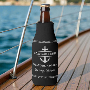 Black Nautical Welcome Aboard Boat Name Anchor Bottle Cooler