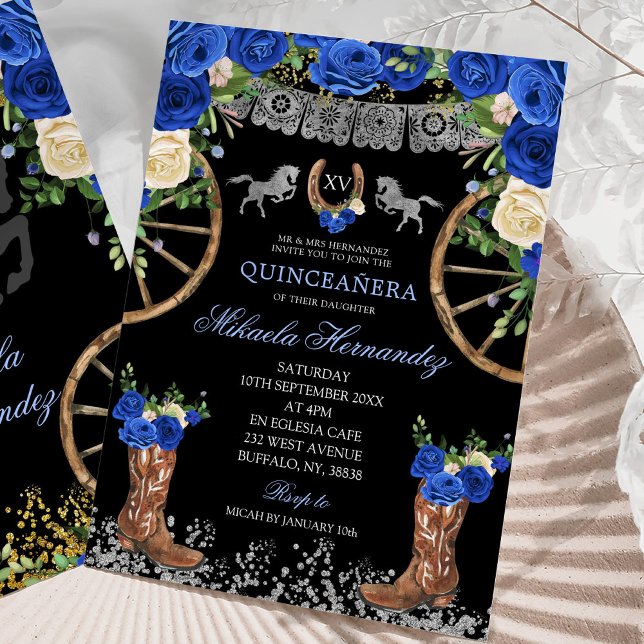 Black Navy Blue and Silver Charra Quinceañera Invitation (Creator Uploaded)