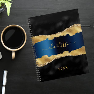 Black navy blue gold agate marble name 2025 planner