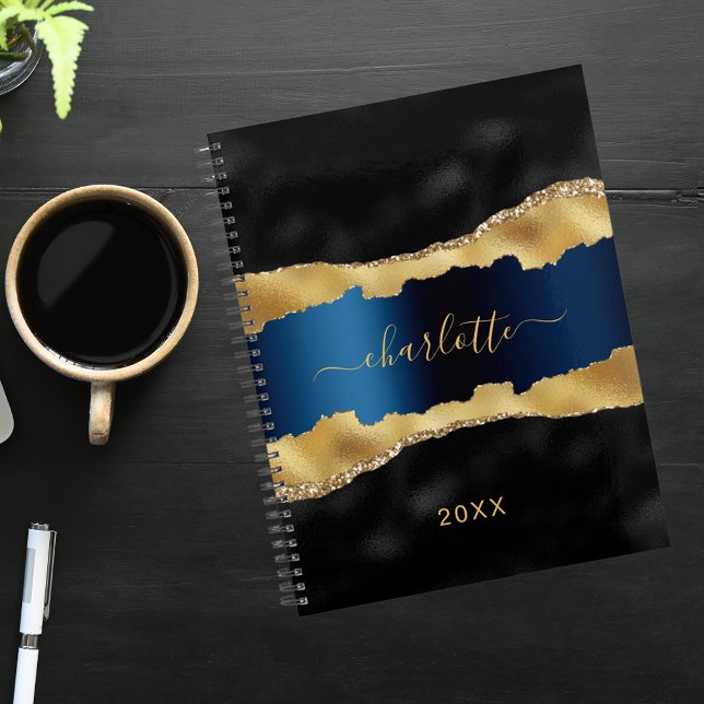 Black navy blue gold agate marble name 2025 planner (Creator Uploaded)