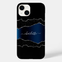 Black navy blue silver agate marble name script 