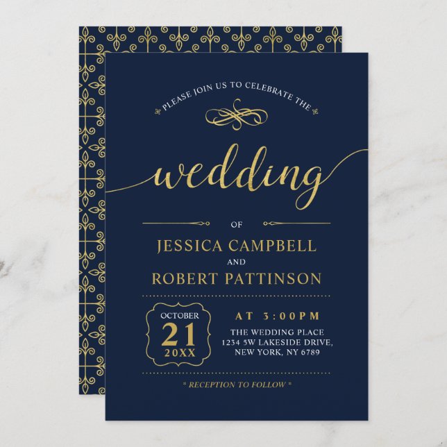 Black & Navy | Elegant Classic Wedding Ceremony Invitation (Front/Back)