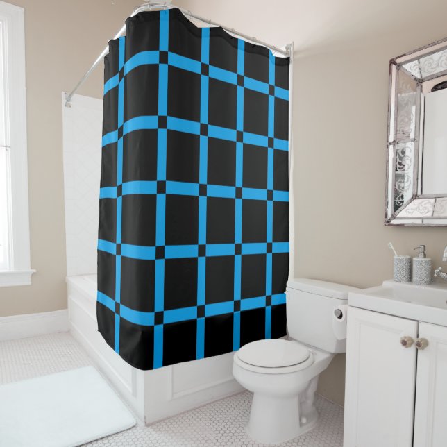 Black & Neon Blue Grid Pattern Shower Curtain (In Situ)
