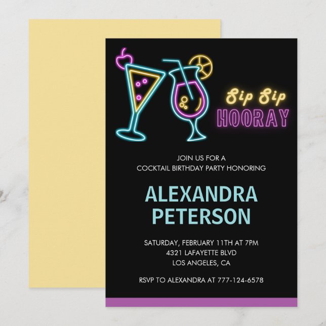 Black Neon Glow Cocktail 43rd birthday Invitation (Front/Back)