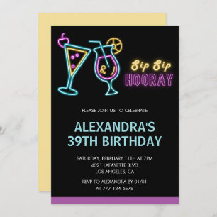 Black Neon Glow Cocktail Martini 39th birthday Invitation