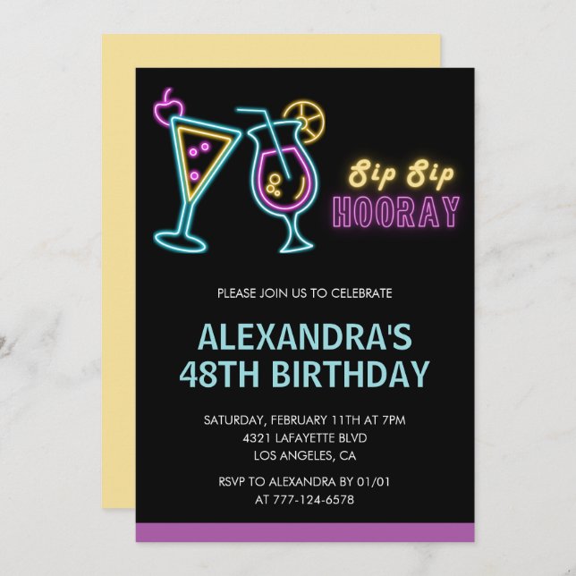 Black Neon Glow Cocktail Martini 48th birthday Invitation (Front/Back)
