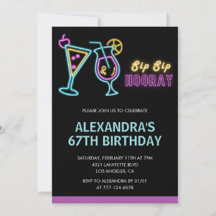 Black Neon Glow Cocktail Martini 67th birthday Invitation
