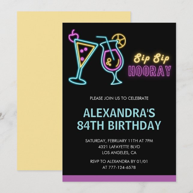Black Neon Glow Cocktail Martini 84th birthday Invitation (Front/Back)