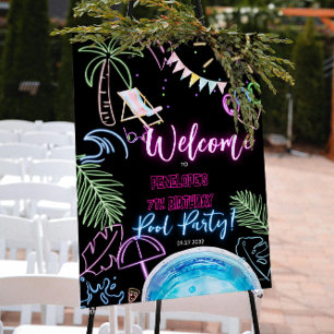 Black Neon Glow Watercolor Pool Party Welcome Poster