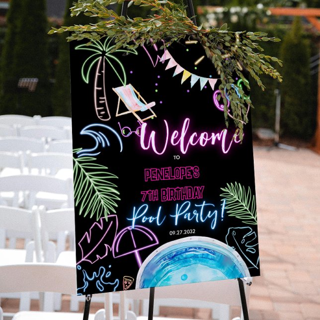 Black Neon Glow Watercolor Pool Party Welcome Poster (Creator Uploaded)