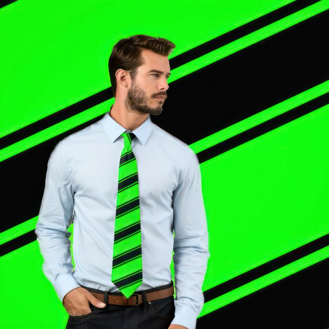 Black & Neon Green Diagonal Stripes Tie (Man wears a necktie with paired thick and thin black stripes on a neon/lime green.)