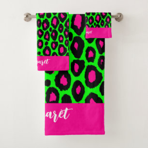Black &Neon green fuchsia custom name leopard  Bath Towel Set