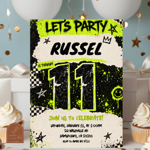 Black Neon Green Grunge Party 11th birthday Invitation