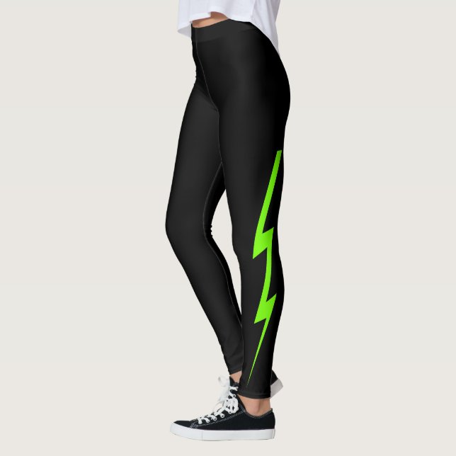 Black Neon Green Lightning Bolt Leggings (Left)