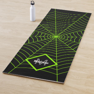 Black neon green spider web Halloween Monogram Yoga Mat