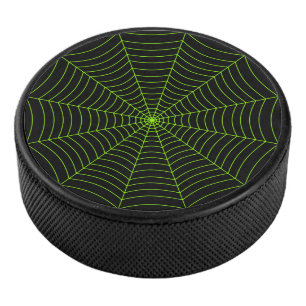 Black neon green spider web Halloween pattern Hockey Puck