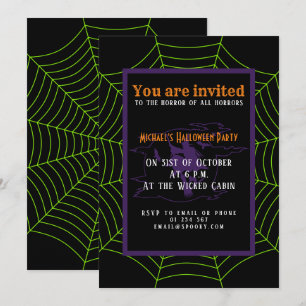 Black neon green spider web Halloween pattern Invitation