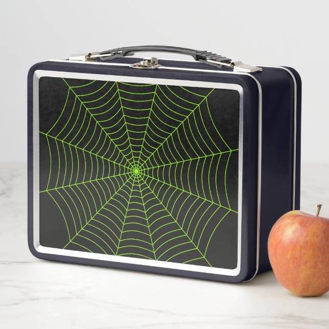 Black neon green spider web Halloween pattern Metal Lunch Box (In Situ)