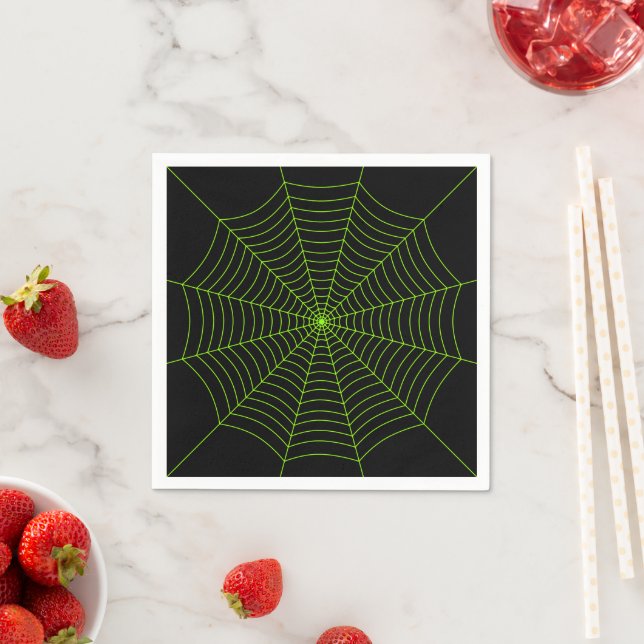 Black neon green spider web Halloween pattern Napkin (Insitu)