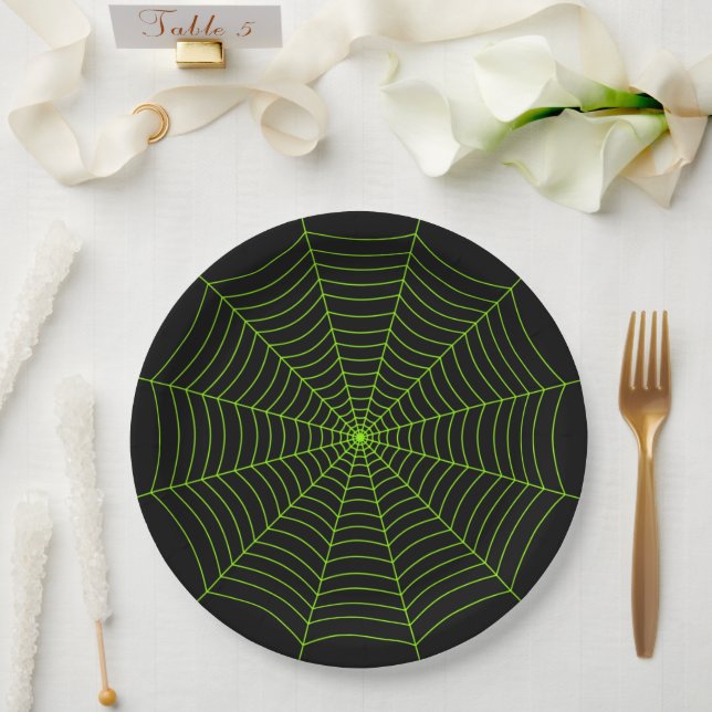 Black neon green spider web Halloween pattern Paper Plate (Wedding)