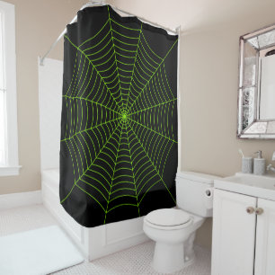 Black neon green spider web Halloween pattern Shower Curtain