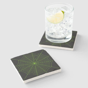 Black neon green spider web Halloween pattern Stone Coaster
