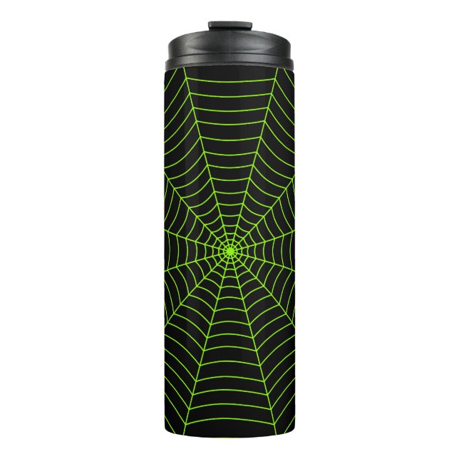 Black neon green spider web Halloween pattern Thermal Tumbler (Front)